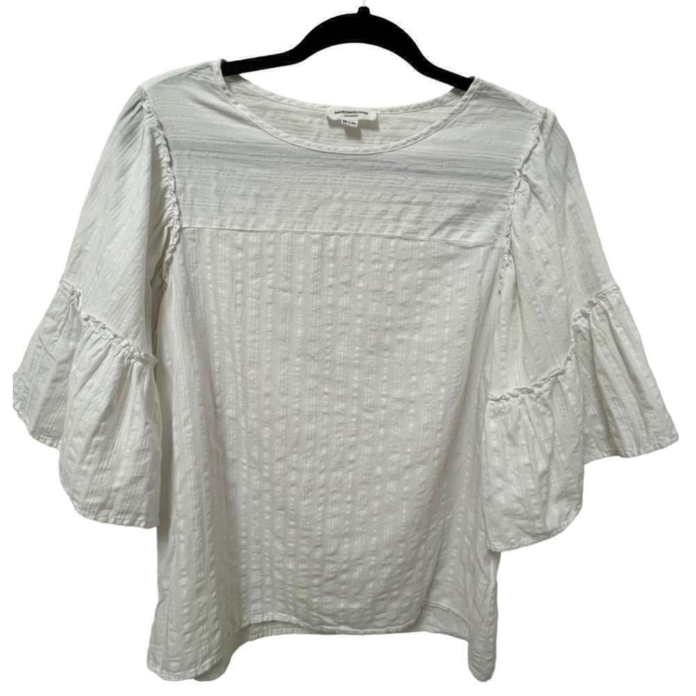 BEACH LUNCH LOUNGE Women’s White Gauzy Ruffled 3/4 Bell Sleeve Blouse, Medium